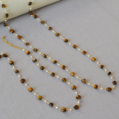 Collana con Perline in Pietra Occhio di Tigre e Perle Artificiali Donna Retro Stile Maillard Catena in Lega d'Oro