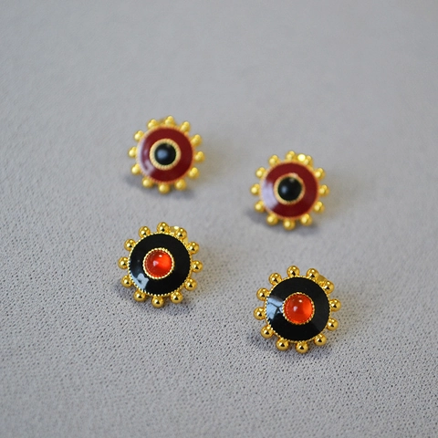 Vintage Brass Gold Plated Gear Stud Earrings Natural Agate Inlaid Enamel Sunburst Earring With 925 Sterling Silver Post