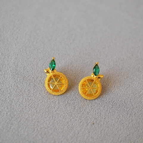 Pendientes de Botón de Fruta de Limón de Latón Chapado en Oro de 18K con Circonia y Poste de Plata de Ley 925 para Mujeres