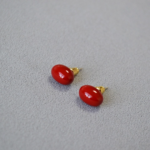 Retro Wine Red Enamel Red Bean Stud Earrings Copper With 925 Sterling Silver Earring Post For Women Vintage Jewelry Gift