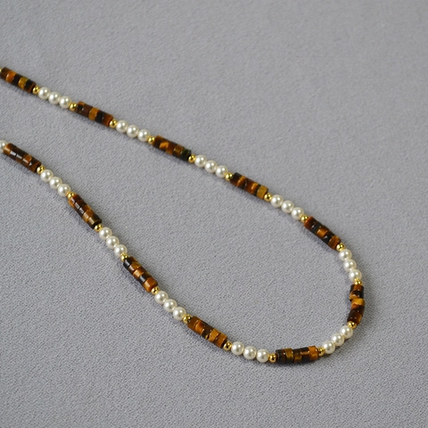 Collier de Perles en Pierre Œil de Tigre et Perle Artificielle Vintage pour Femmes Chaîne Choker Bijoux de Mode Cadeau