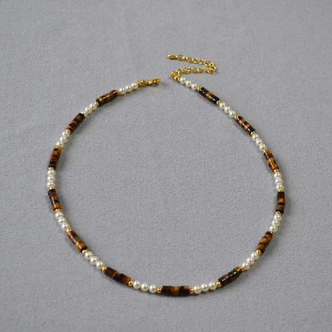 Collier de Perles en Pierre Œil de Tigre et Perle Artificielle Vintage pour Femmes Chaîne Choker Bijoux de Mode Cadeau
