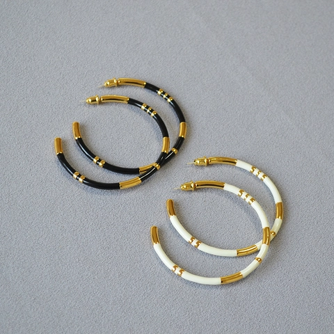 Vintage Oversized Brass 18K Gold Plated Bamboo Style Hoop Earrings Handmade Enamel 925 Sterling Silver Post For Women Jewelry