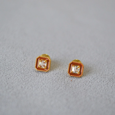 Vintage Geometric Square Copper Stud Earrings With 925 Sterling Silver Earring Post Zirconia Inlaid Brown Enamel Jewelry For Women