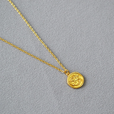 Collana con Pendente a Moneta Zodiaco Drago Vintage Francese Ottone Placcato Oro Catena a O Gioielli di Moda per Donna