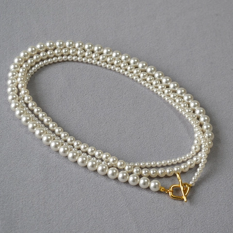 Elegante Collana Avvolgente Multistrato in Perle Artificiali in Ottone Placcato Oro per Donna Moda Chiusura a T Gioielli