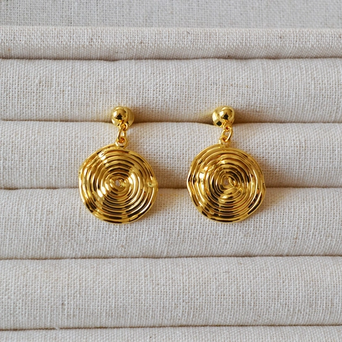 French Vintage Brass 18K Gold Plated Annual Ring Disc Stud Earrings With 925 Sterling Silver Post For Women Jewelry
