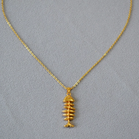 Collar Vintage de Cobre Chapado en Oro Con Colgante de Espina de Pescado para Mujer Joyería Minimalista de Esqueleto de Animal