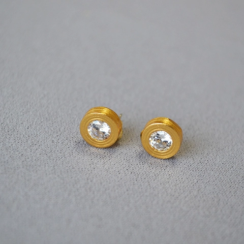 Pendientes de Botón de Cobre Redondos Geométricos Vintage Con Poste de Plata de Ley 925 Circonia Incrustada Joyería Chapada en Oro Mujer