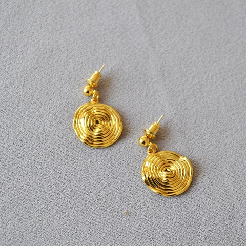 French Vintage Brass 18K Gold Plated Annual Ring Disc Stud Earrings With 925 Sterling Silver Post For Women Jewelry