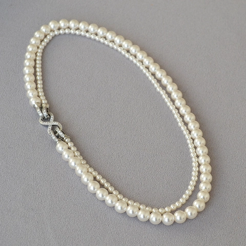 Collana a Doppio Strato con Perle Artificiali per Donna Moda Ottone Fibbia Infinito Gioielli in Zirconia Rimovibili