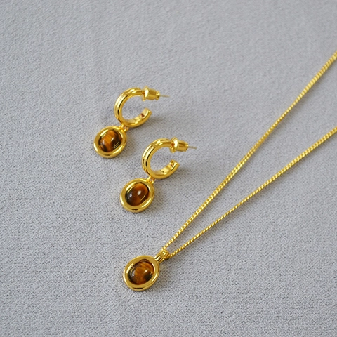 Set di Collana e Orecchini in Rame Placcato Oro Vintage Con Occhio di Tigre per Donna Pendente Ovale Stile Maillard