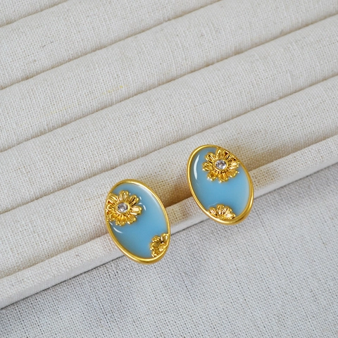 Französische Retro Oval Blume Ohrstecker Für Damen Messing Vergoldet Handgefertigtes Emaille Gänseblümchen Strass 925 Sterling Silber Stift