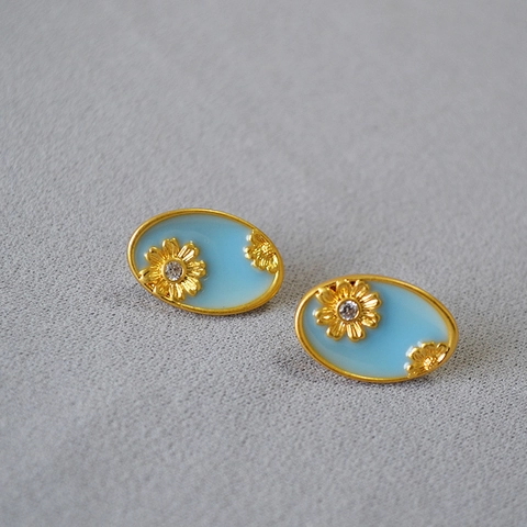 Französische Retro Oval Blume Ohrstecker Für Damen Messing Vergoldet Handgefertigtes Emaille Gänseblümchen Strass 925 Sterling Silber Stift