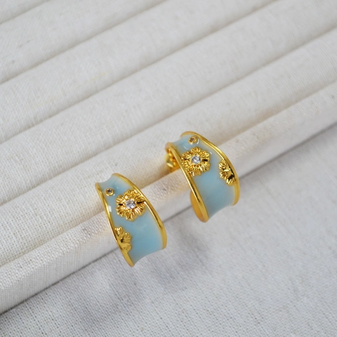 Boucles d'Oreilles Clous en Forme de C en Émail Fait Main Rétro Français Avec Tige en Argent Sterling 925 Or Cuivre Strass Boucles d'Oreilles