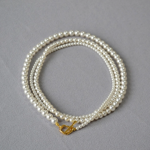 Elegante Collana Avvolgente Multistrato in Perle Artificiali in Ottone Placcato Oro per Donna Moda Chiusura a T Gioielli