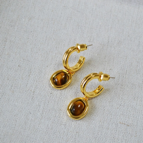 Set di Collana e Orecchini in Rame Placcato Oro Vintage Con Occhio di Tigre per Donna Pendente Ovale Stile Maillard