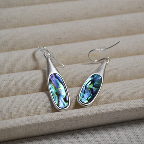 Orecchini Pendenti in Ottone con Conchiglia di Abulone Vintage per Donna Finitura Argento Antico Conchiglia Intarsiata Goccia d'Acqua Gioielli
