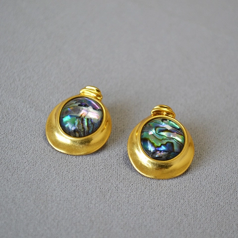 Vintage Brass Irregular Round Abalone Shell Stud Earrings With 925 Sterling Silver Post Retro Gold Jewelry For Women