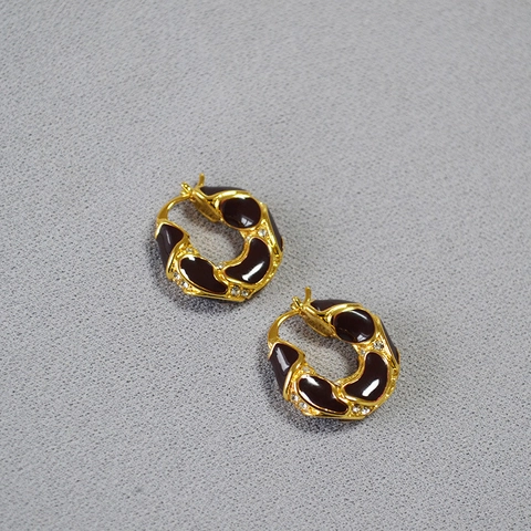 Pendientes de Aro Vintage Francés de Latón Chapado en Oro de 18K Textura de Lava Esmalte Rojo Borgoña Strass Joyería Mujer