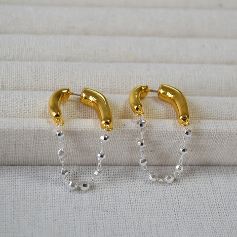 Orecchini Minimalisti Giapponesi in Ottone Bicolore Oro Argento Geometrici a U con Catena e Nappine e Perno in Argento 925