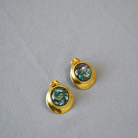 Vintage Brass Irregular Round Abalone Shell Stud Earrings With 925 Sterling Silver Post Retro Gold Jewelry For Women