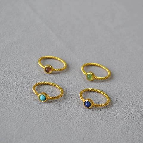 Vintage Brass Gold Plated Twisted Rope Ring For Women Inlaid Natural Agate Lapis Lazuli Gemstone Bohemian Jewelry Ring