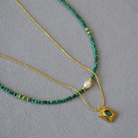 French Vintage Malachite Style Beaded Necklace Artificial Pearl Square Pendant Layered Gold Necklace For Women Jewelry