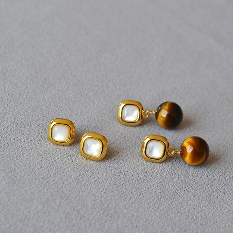 Vintage Square Mother Of Pearl Stud Earrings With 925 Sterling Silver Post Brass Gold Plated Natural Tiger Eye Earrings