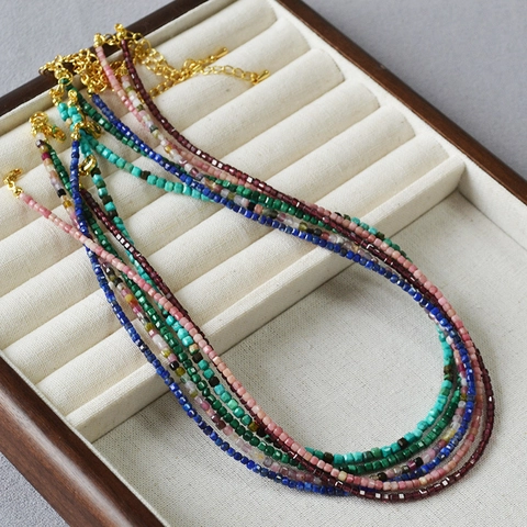 Collier de Perles en Pierre Naturelle Vintage pour Femmes Laiton Plaqué Or Facetté Lapis Lazuli Malachite Choker