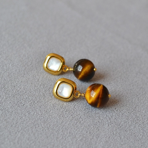 Vintage Square Mother Of Pearl Stud Earrings With 925 Sterling Silver Post Brass Gold Plated Natural Tiger Eye Earrings
