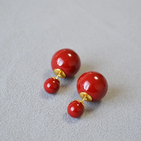 Orecchini a Bottone Francesi Vintage Con Doppia Perla Artificiale Rosso Vino Con Perno in Argento Sterling 925 Smalto Dipinto a Mano
