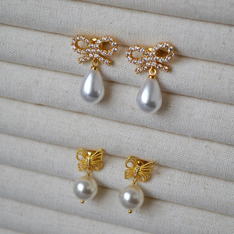 Orecchini a Bottone con Fiocco e Farfalla Zirconia Perle Artificiali con Perno in Argento 925 Oro Ottone Donna Gioielli