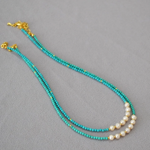 French Vintage Handmade Turquoise Freshwater Pearl Beaded Necklace Elegant Classical Alloy Jewelry Gift For Women Accessory