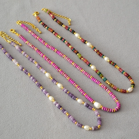 Handmade Natural Stone Freshwater Pearl Beaded Necklace For Women Vintage Colorful Vacation Jewelry Copper Gold Plated