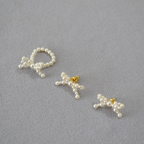 Pendientes de Botón con Lazo de Perla Artificial Tejidos a Mano Con Poste de Plata de Ley 925 Anillo de Moda de Alta Gama para Mujer