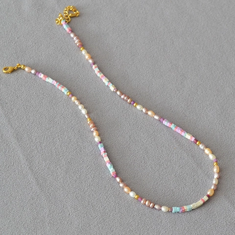 Macaron Colored Freshwater Pearl Beaded Necklace For Women Handmade Synthetic Stone Clavicle Chain Sweet Jewelry Gift
