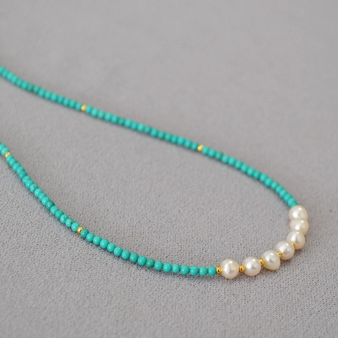 French Vintage Handmade Turquoise Freshwater Pearl Beaded Necklace Elegant Classical Alloy Jewelry Gift For Women Accessory
