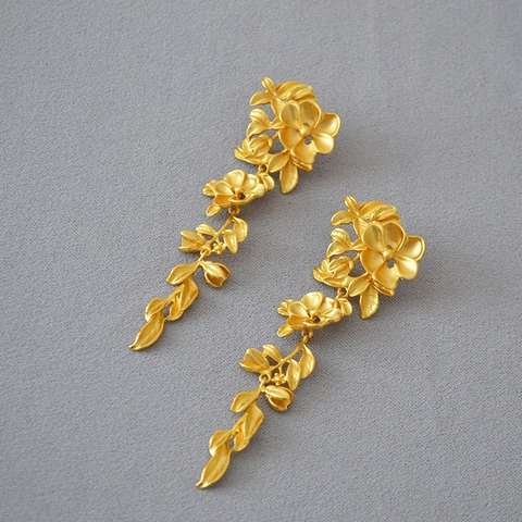 Orecchini Pendenti Vintage in Ottone Placcato Oro Con Nappa a Fiore Perno in Argento Sterling 925 Donna Gioielli Singolo