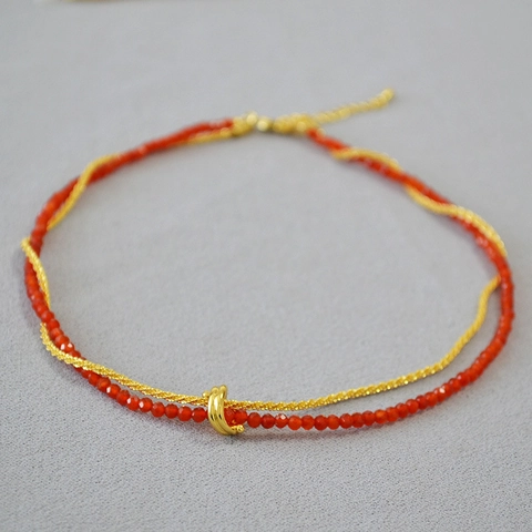 Collana Vintage Francese con Perline in Agata Rossa Placcata Oro Catena in Rame con Nodo Multistrato Girocollo Bracciale Donna