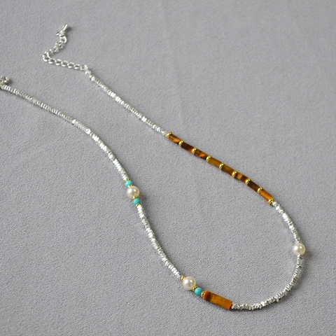 Collana di Perline Occhio di Tigre Perla Artificiale in Nuovo Stile Cinese Vintage Pepita Placcata in Argento Collana Fatta a Mano da Donna