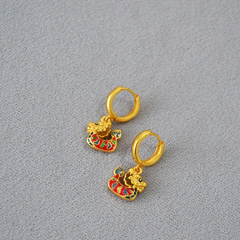 Pendientes de Aro de Latón Barco Dragón Nuevo Estilo Chino Oro Mate Esmalte Multicolor Joyería Étnica Regalo Para Mujer