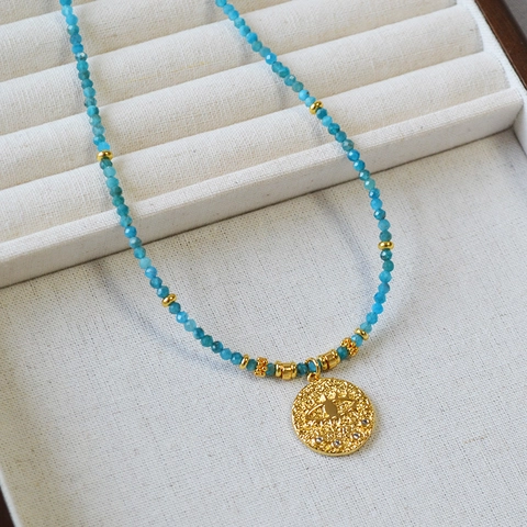 Vintage Apatite Beaded Necklace For Women Gold Plated Copper Evil Eye Coin Pendant Zirconia Boho Choker Fashion Jewelry