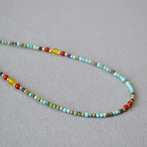 Collana Bracciale con Perline di Turchese e Agata Fatto a Mano per Donna Stile Cinese Retrò Chiusura in Rame Placcato Oro Gioielli Bohemia