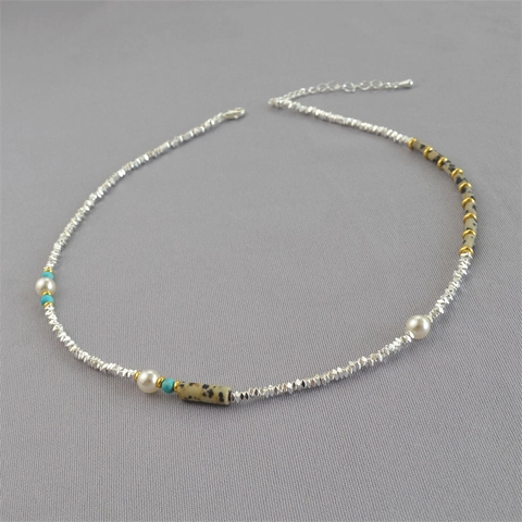 Gargantilla de Abalorios Vintage Hecha a Mano para Mujer Aleación Perla Artificial Piedra Natural Cadena Plata Joyería