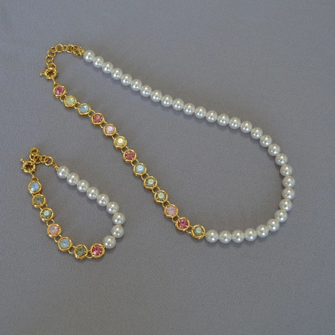 Vintage Alloy Artificial Pearl Rhinestone Stitching Necklace Bracelet For Women Retro Multicolor Gemstone Jewelry Set Party Gift