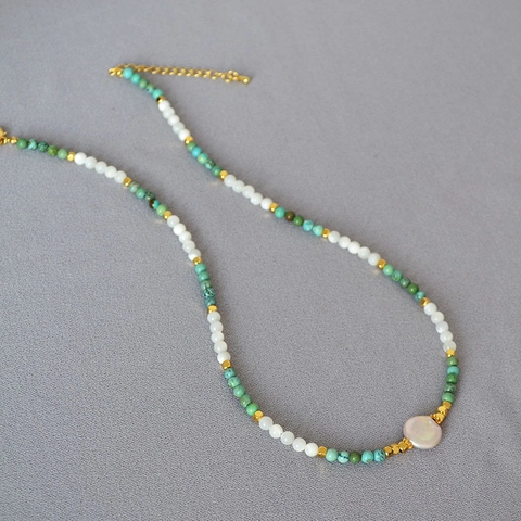Retro Handmade Beaded Necklace For Women With Turquoise Color Beads And Mother Of Pearl Artificial Pearl Pendant Jewelry