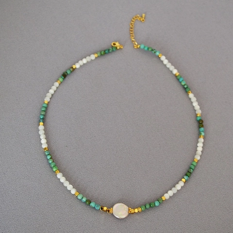 Retro Handmade Beaded Necklace For Women With Turquoise Color Beads And Mother Of Pearl Artificial Pearl Pendant Jewelry