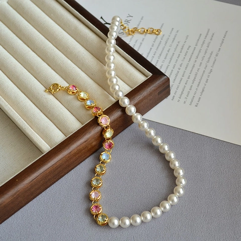 Vintage Alloy Artificial Pearl Rhinestone Stitching Necklace Bracelet For Women Retro Multicolor Gemstone Jewelry Set Party Gift