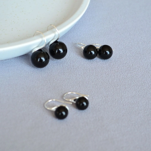 Minimalist Black Agate Drop Earring Women Silver Plated Copper Geometric Round Bead Dangle Earrings Retro Jewelry Gift